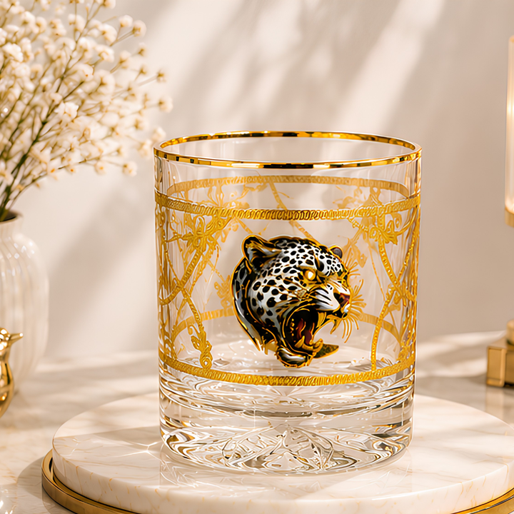 Modern Yard Royal Leopard crystal whiskey glass with 24K gold-plated leopard design