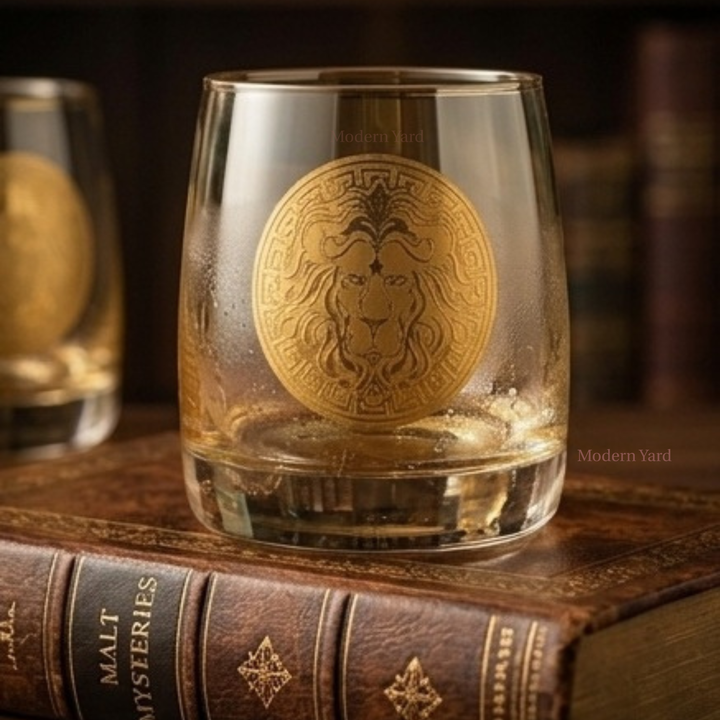Luxury gold lion whiskey glass set made from premium Bohemian crystal for scotch, bourbon and cocktails by Modern Yard.