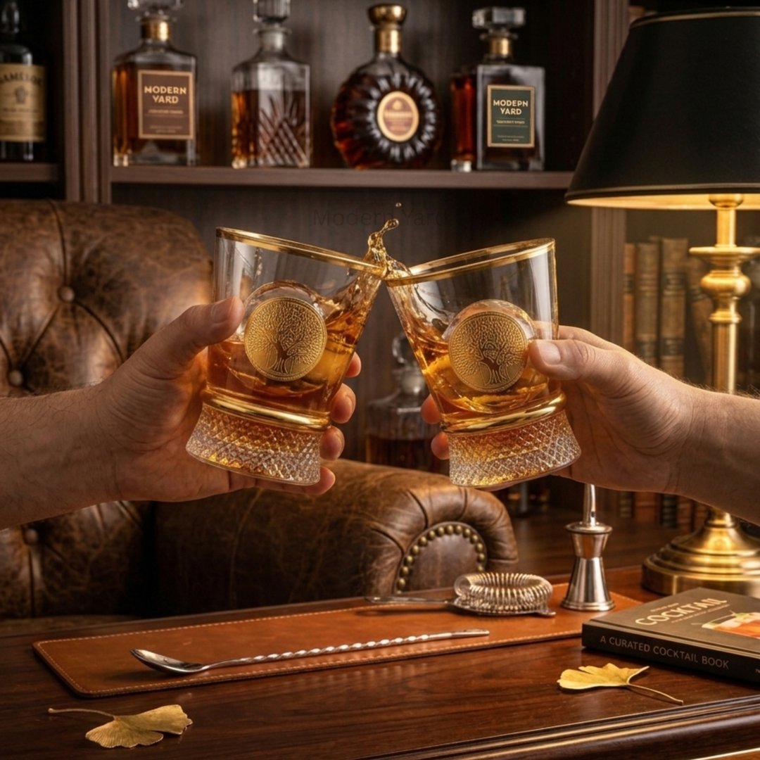 Luxury Turkish crystal whiskey glass with gold rim and gold emblem
