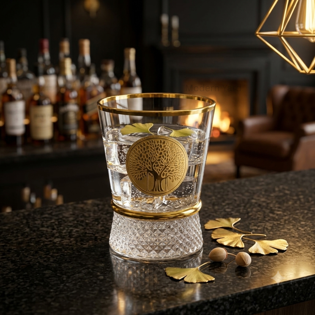Royal Roots gold crystal whiskey tumbler glass with Tree of Life design
