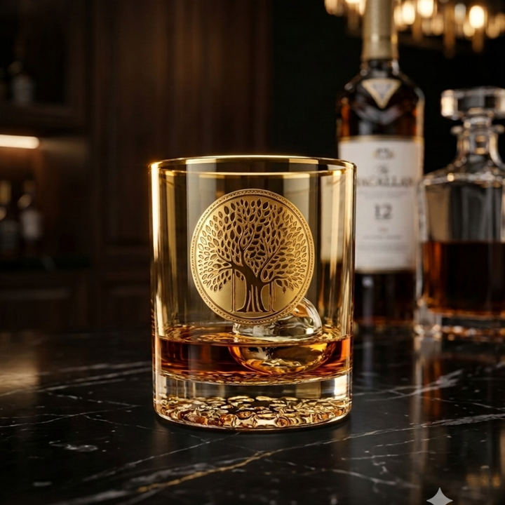 Royal Roots Lion Gold Whiskey Glass Set of 6 featuring premium Turkish glass with luxurious gold lion design and 350 ML capacity.