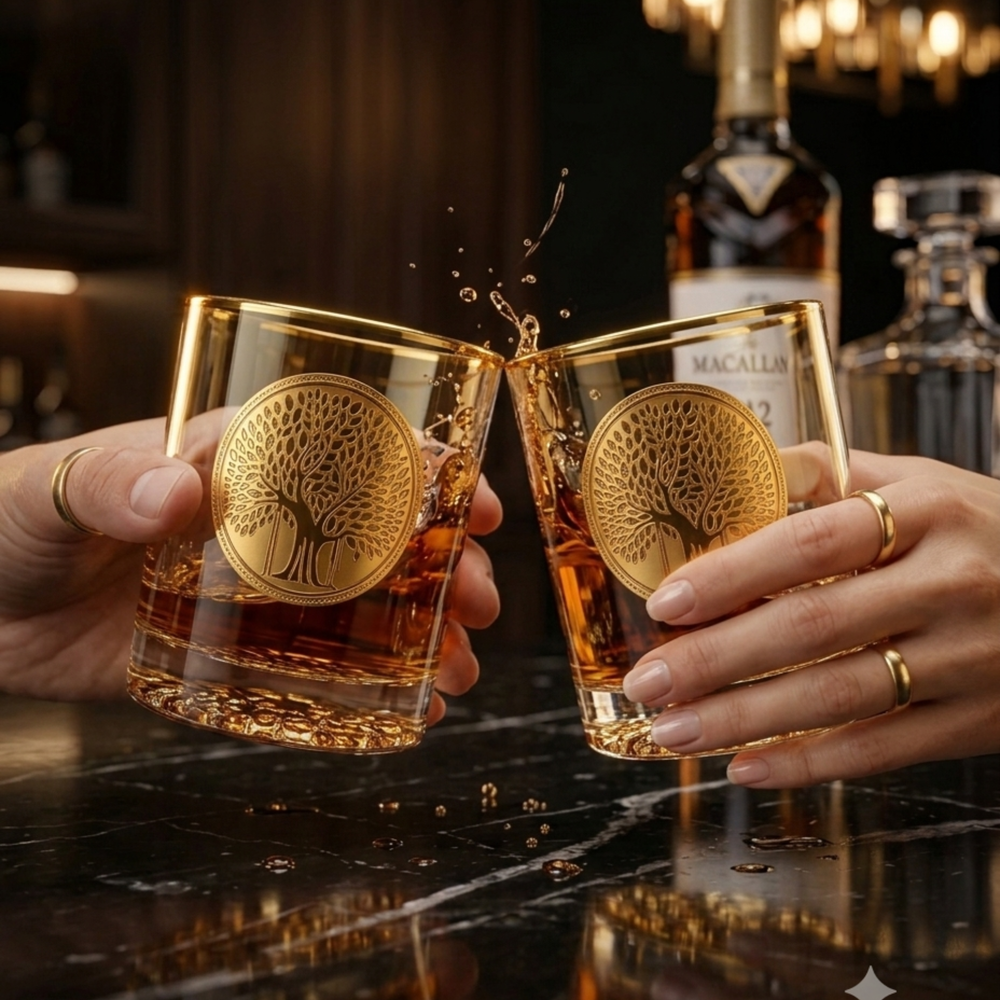 Premium gold whiskey glasses made in Turkey, ideal for serving scotch, bourbon, whiskey, and cocktails