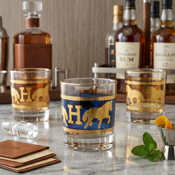 Premium Turkish crystal whiskey tumbler featuring elegant gold stallion artwork