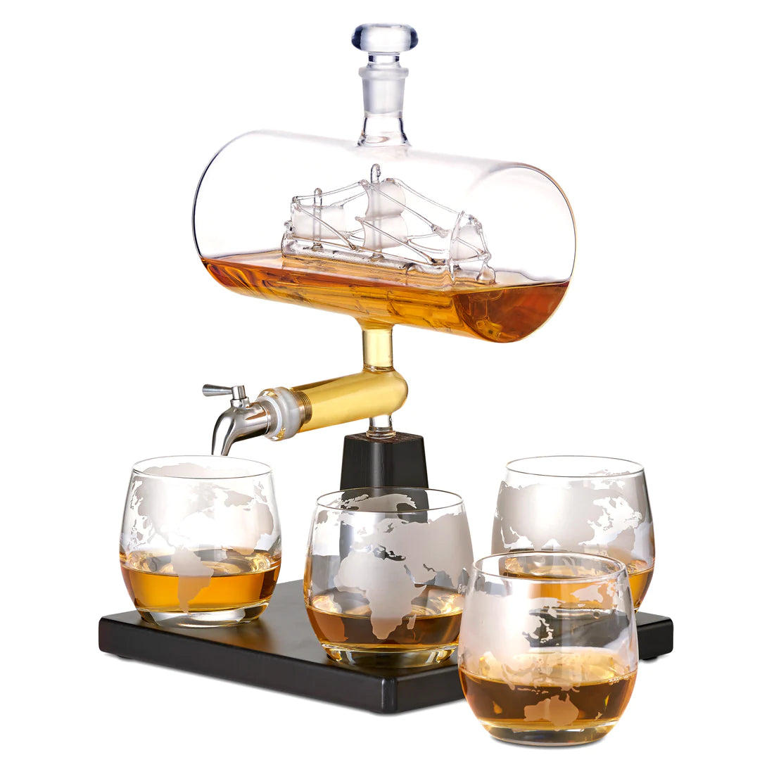Ship Decanter Set with 4 Globe Glasses