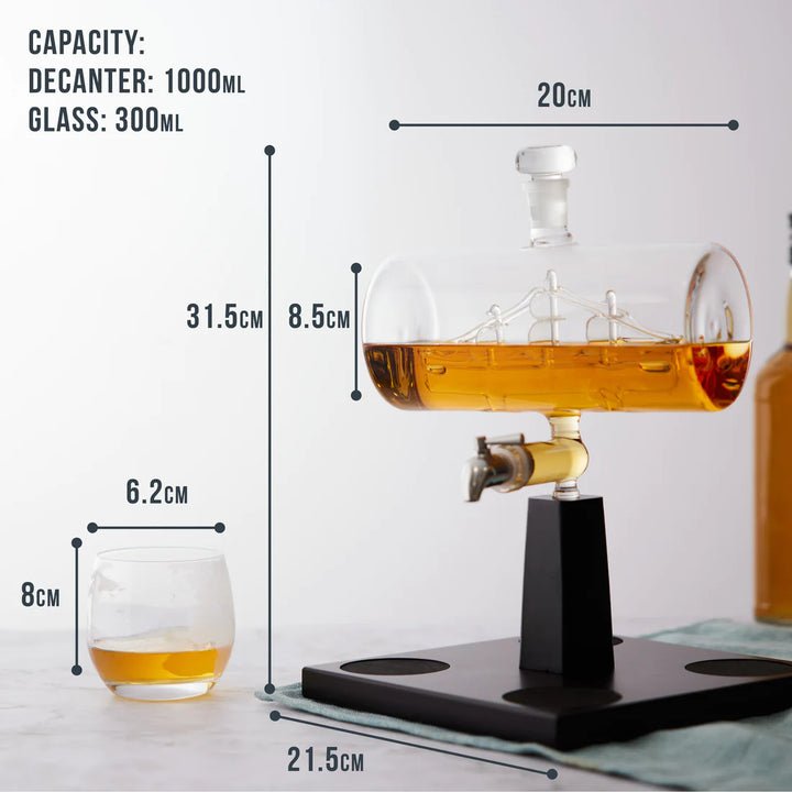 Ship Decanter Set with 4 Globe Glasses