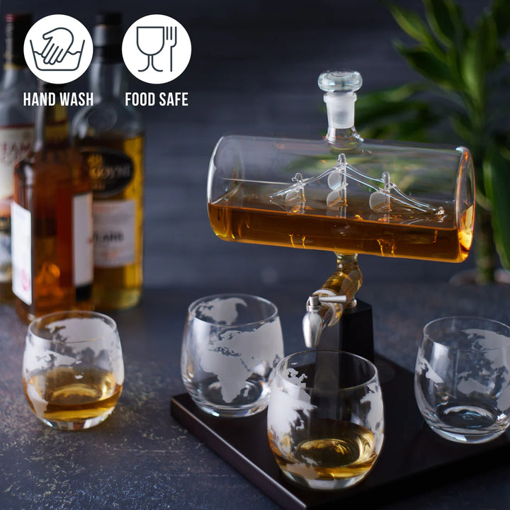 Ship Decanter Set with 4 Globe Glasses