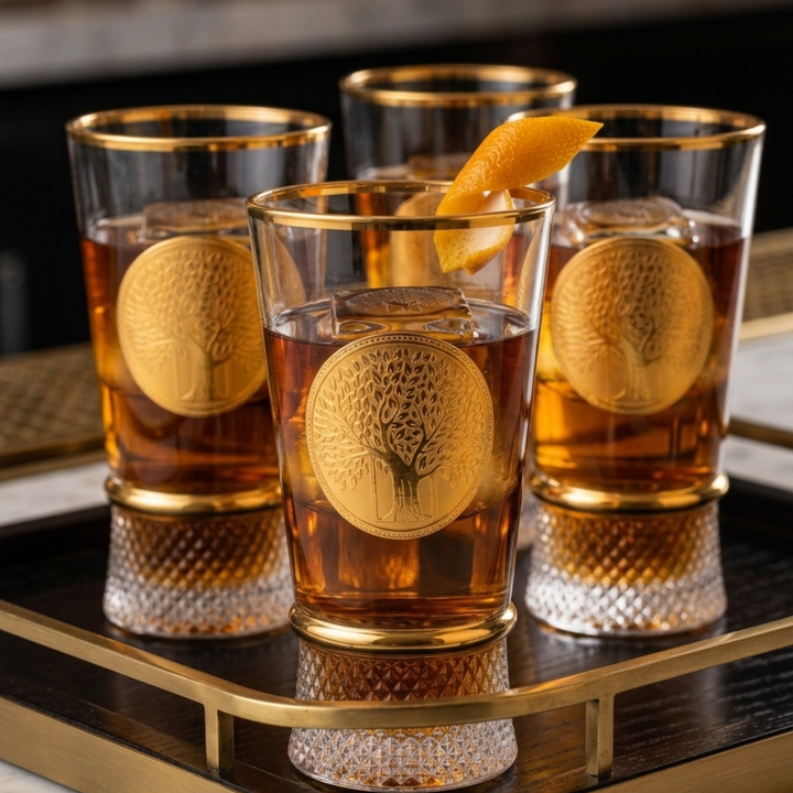 Royal Roots Gold High Ball Cocktail Glass with Crystal Base (Set of 6) - Made in Turkey