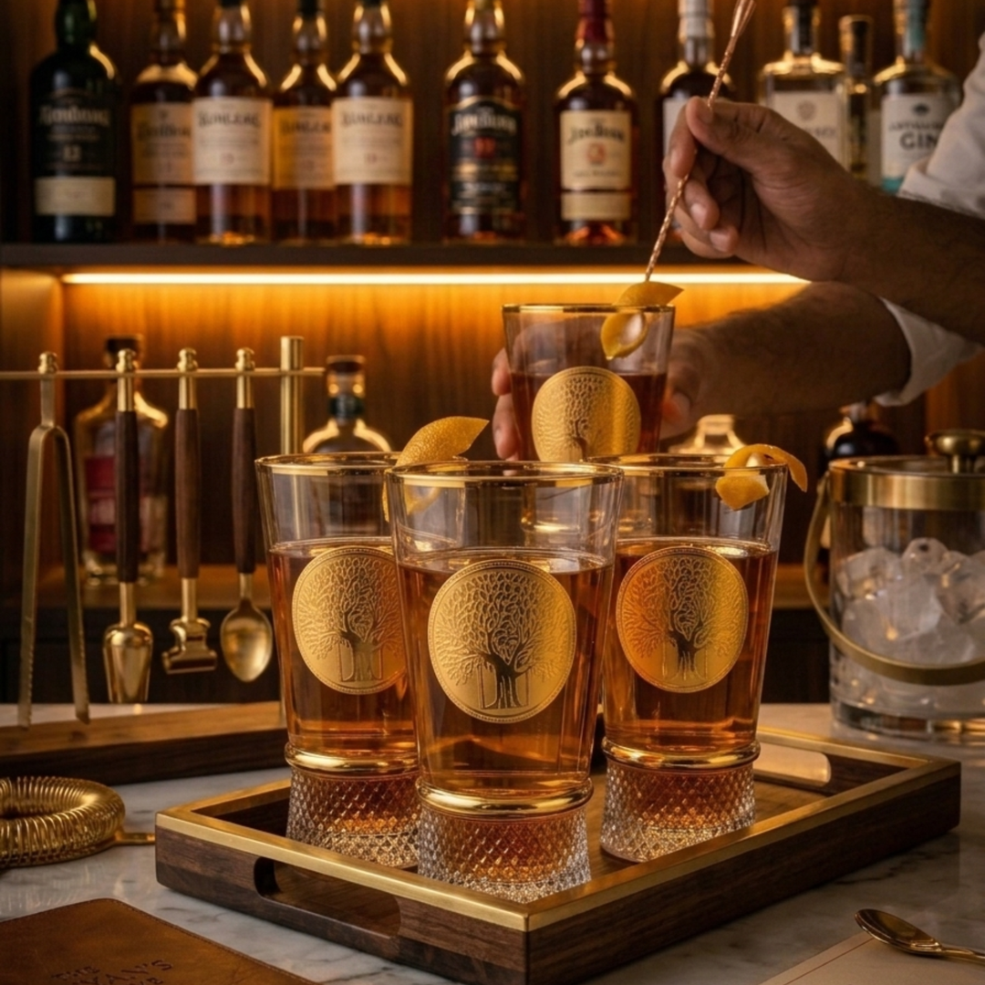 Royal Roots Gold High Ball Cocktail Glass with Crystal Base (Set of 6) - Made in Turkey