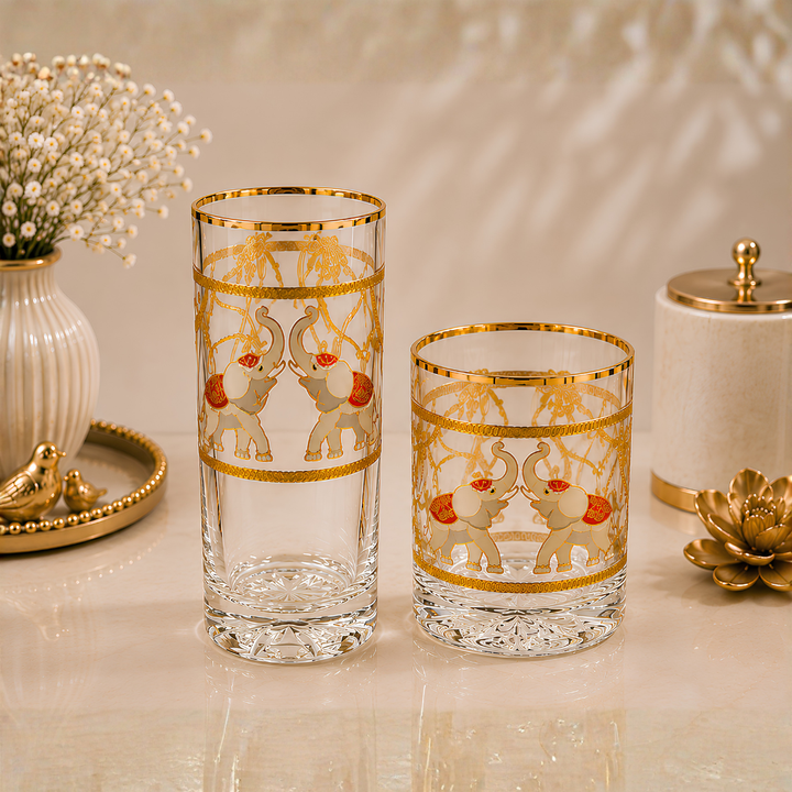 Crystal Maharaja Elephant Glass - Gold Plated - Set of 6 (Leather Gift Box)