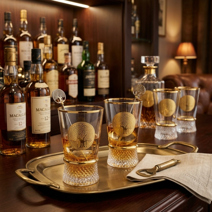 Royal Roots Gold High Ball Cocktail Glass with Crystal Base (Set of 6) - Made in Turkey