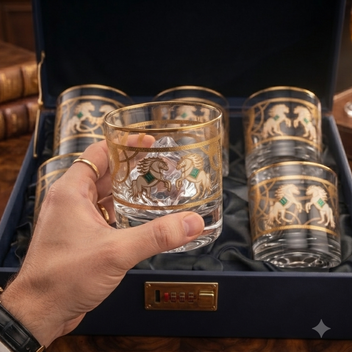 Pegasus 24k Gold-Rimmed Designer Whiskey Glasses | Set of 6 | Suitcase Gift Box