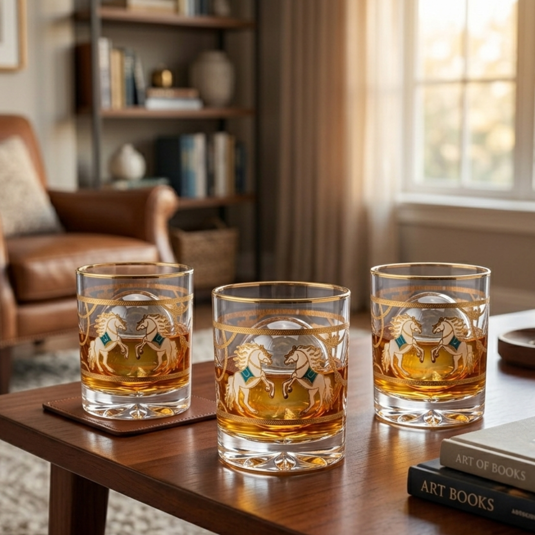Pegasus 24k Gold-Rimmed Designer Whiskey Glasses | Set of 6 | Suitcase Gift Box