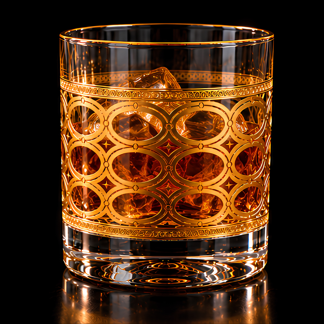 Aurelia Gold Whiskey Glass filled with whiskey, showcasing its elegant gold detailing