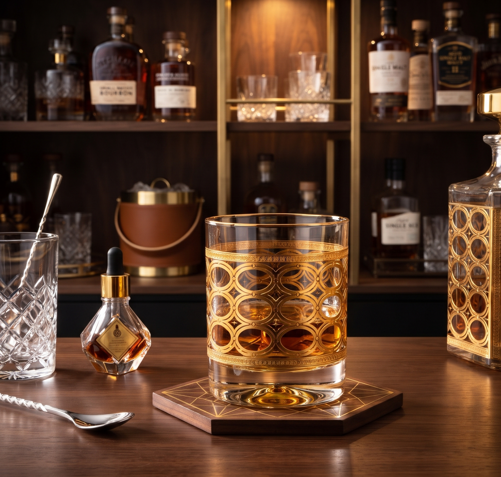 Front view of Aurelia Gold Whiskey Glass featuring intricate gold oval detailing