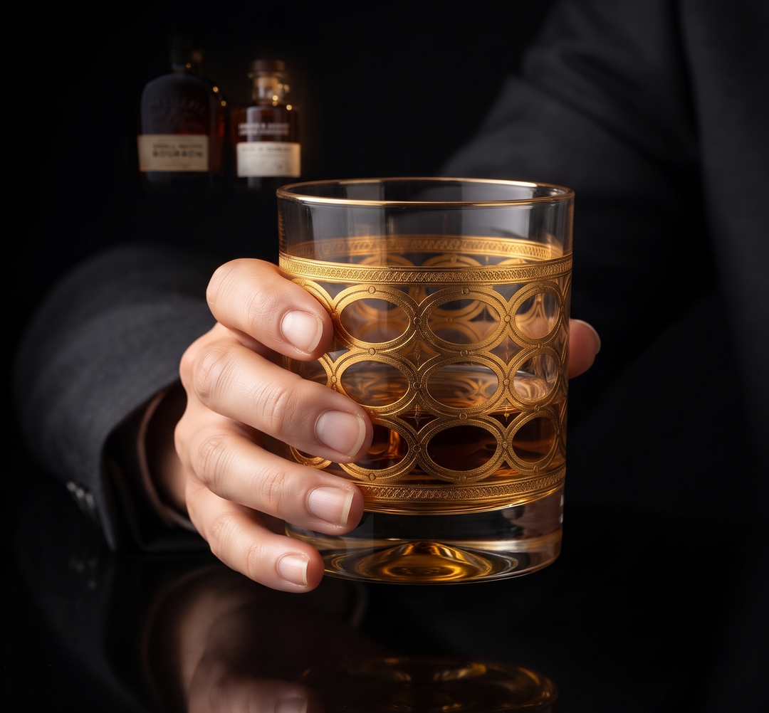 Aurelia Gold Whiskey Glass styled in a premium home bar setting