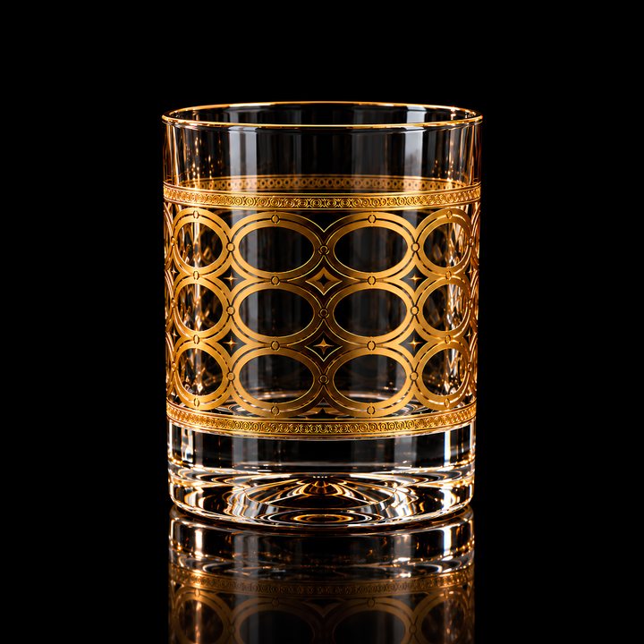 Aurelia Gold Whiskey Glass 350 ML Set of 6 with elegant golden oval design, made in Turkey
