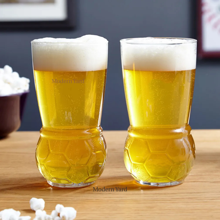 Modern Yard soccer-inspired beer glass set perfect for FIFA celebrations and gifting.