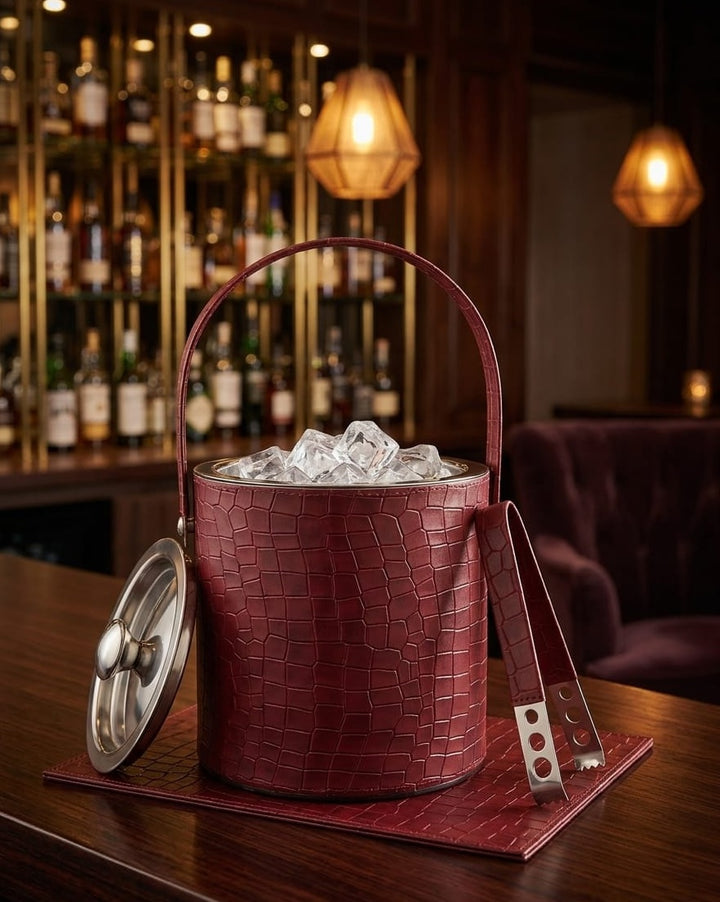 Side angle of Modern Yard luxury leather coated ice bucket with tong