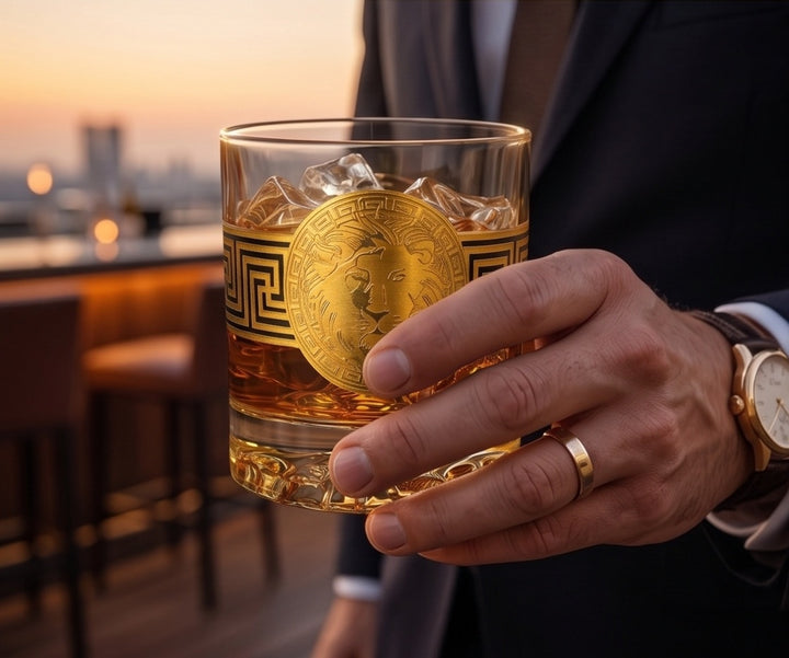 Modern Yard luxury lion whiskey glasses styled for premium home bar setup