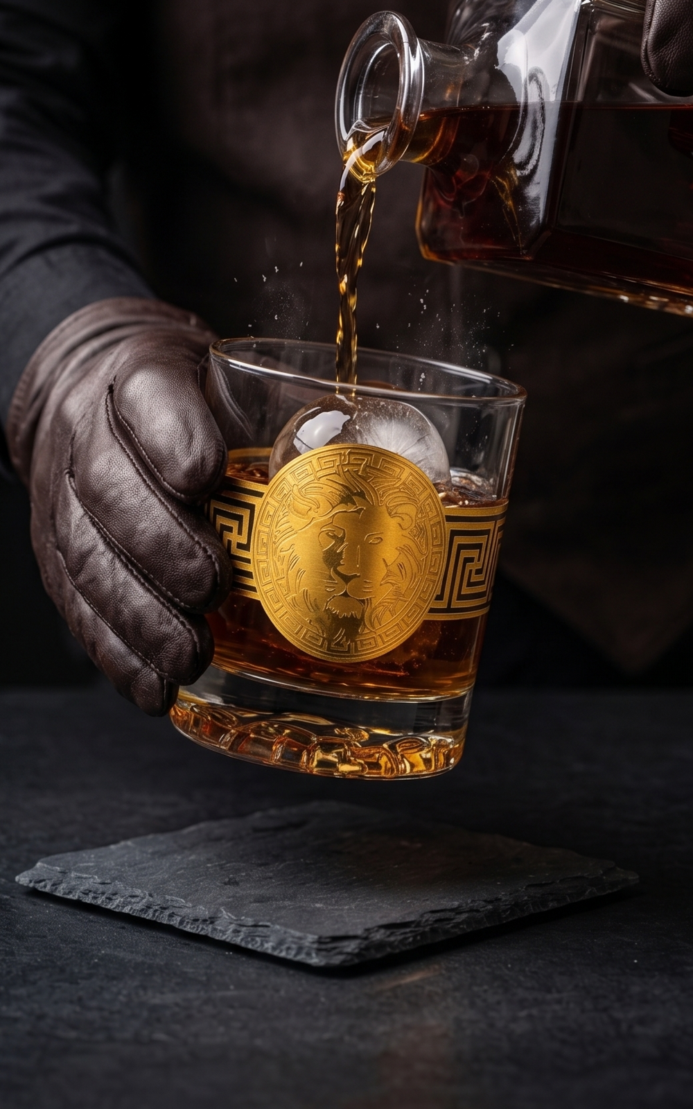 Front view of Modern Yard lion whiskey glass with gold plated design made in Turkey