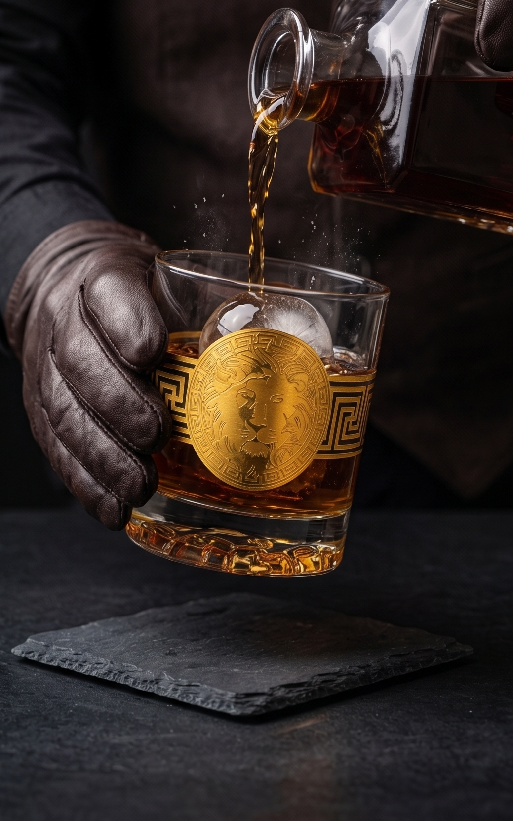 Front view of Modern Yard lion whiskey glass with gold plated design made in Turkey