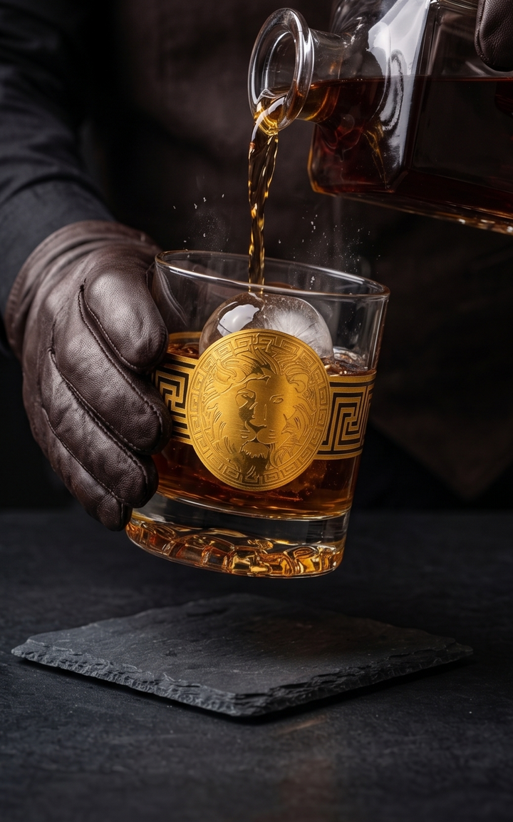 Front view of Modern Yard lion whiskey glass with gold plated design made in Turkey