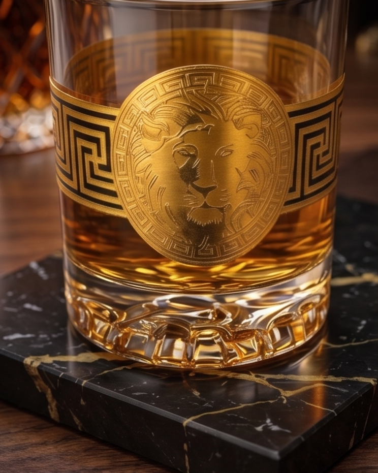 Gold plated decorative lion design on Modern Yard whiskey tumbler