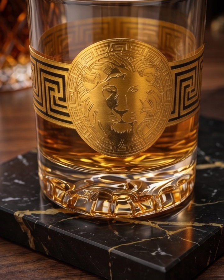 Gold plated decorative lion design on Modern Yard whiskey tumbler