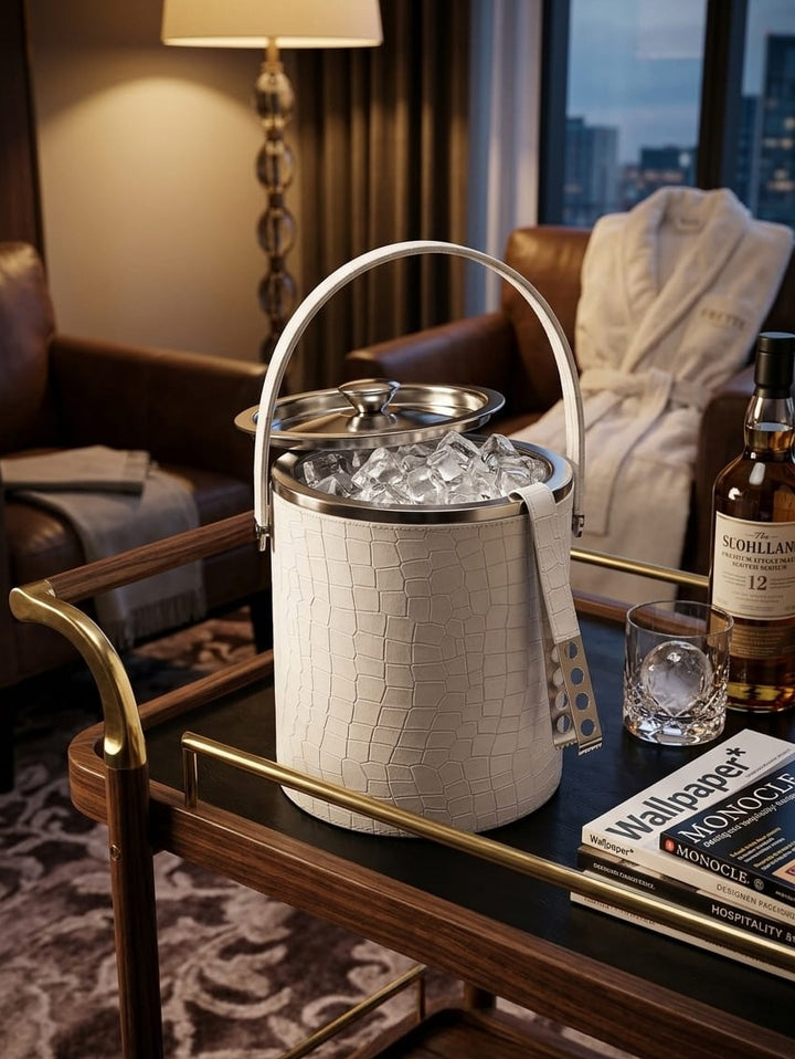 Modern Yard luxury leather ice bucket styled for premium home bar setup