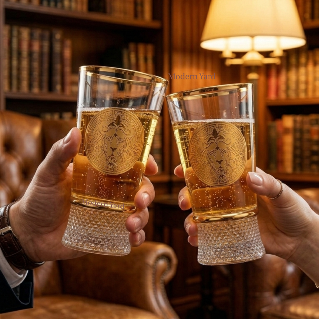 Modern Yard Royal Lion Gold High Ball Glass set made in Turkey for whiskey, cocktails, juice, and mocktails.