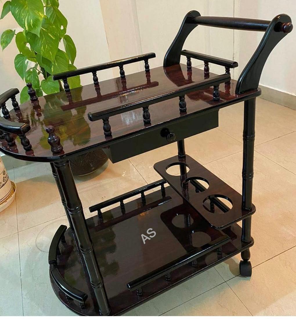 Modern wooden bar cart with bottle holding space and 2-tier shelves for home bar setup