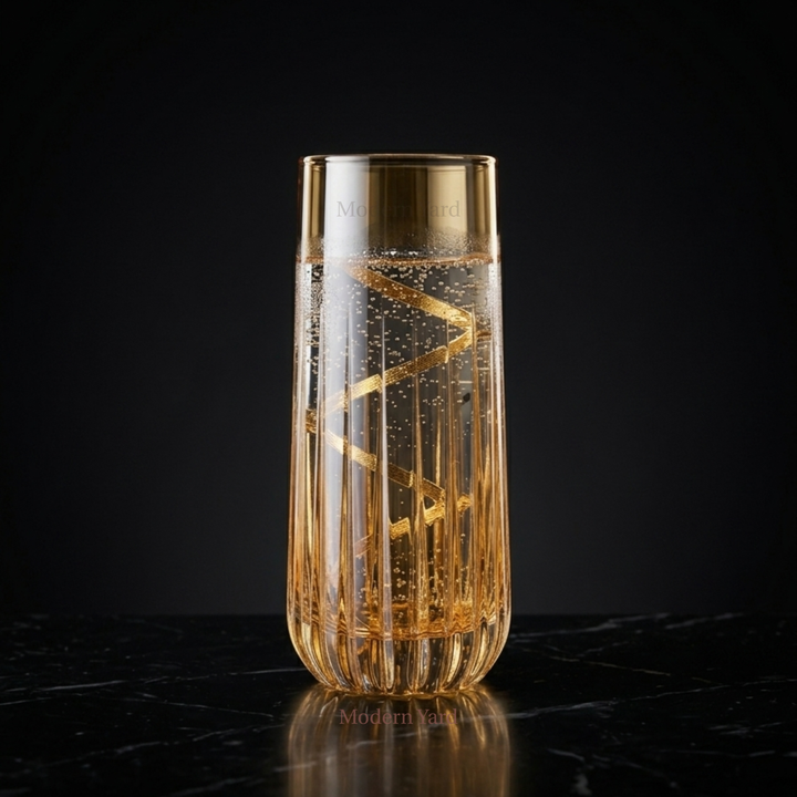 Modern Yard Amber Gold High Ball Glass 300 ML set of 6 made in Italy with luxury ribbed design.