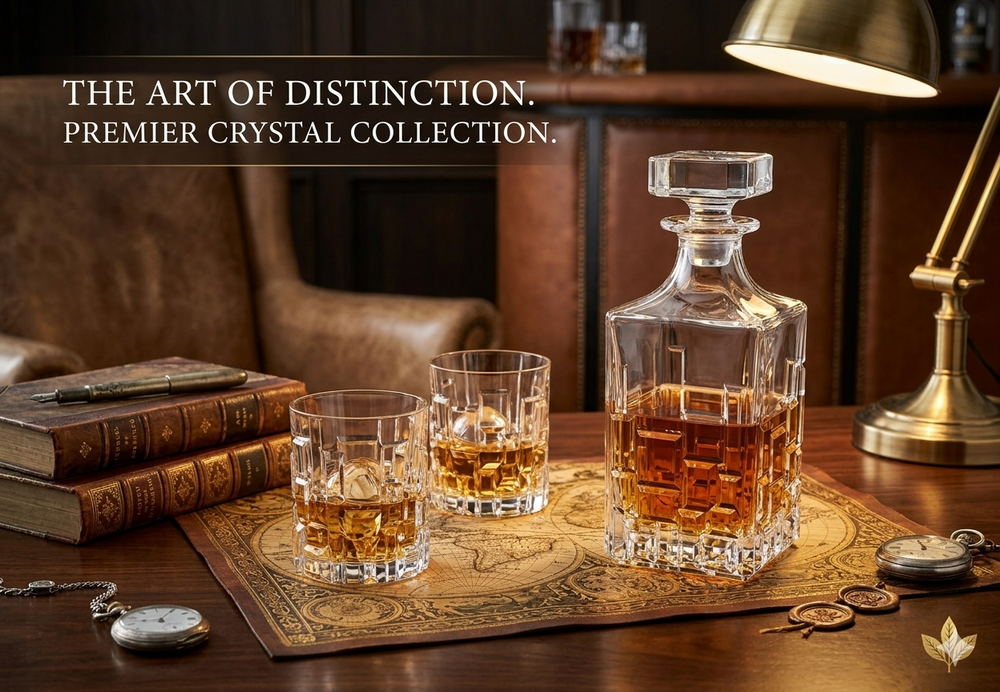 Front view of Modern Yard crystal whiskey decanter set Made in Italy luxury glassware