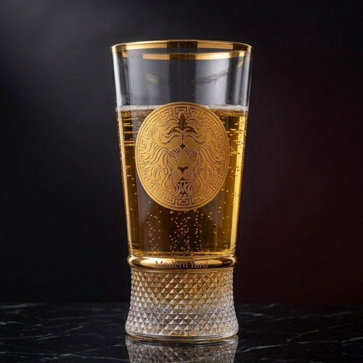 Royal Lion Gold High Ball Glass with crystal base by Modern Yard, luxury Turkish glassware set of 6.