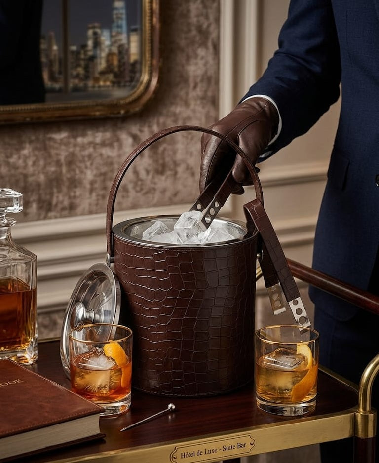 Modern Yard luxury leather coated stainless steel ice bucket with tong for premium barware