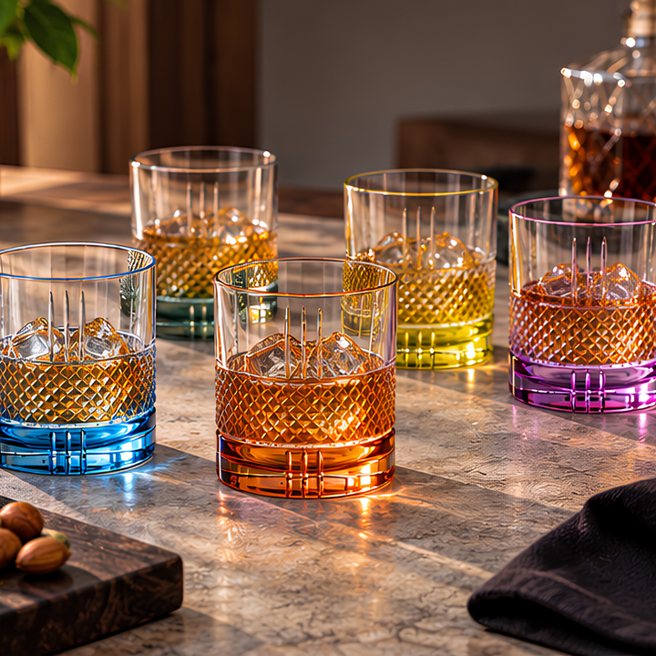 Set of six Quirky crystal whiskey glasses in different colours, 350 ML each