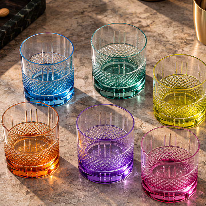 Close-up of the Quirky crystal whiskey glass showcasing its colourful design
