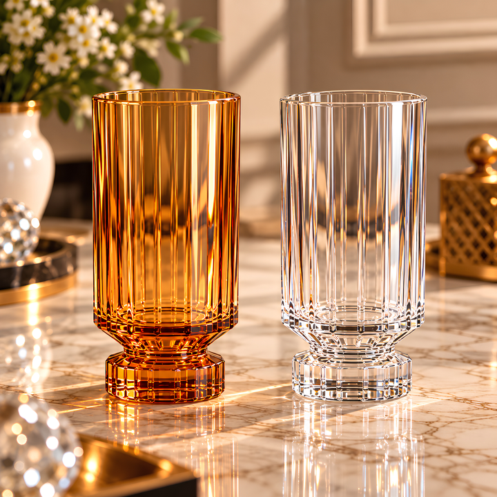 Topaz Crystal Tumbler filled with whiskey, showcasing its elegant ribbed design