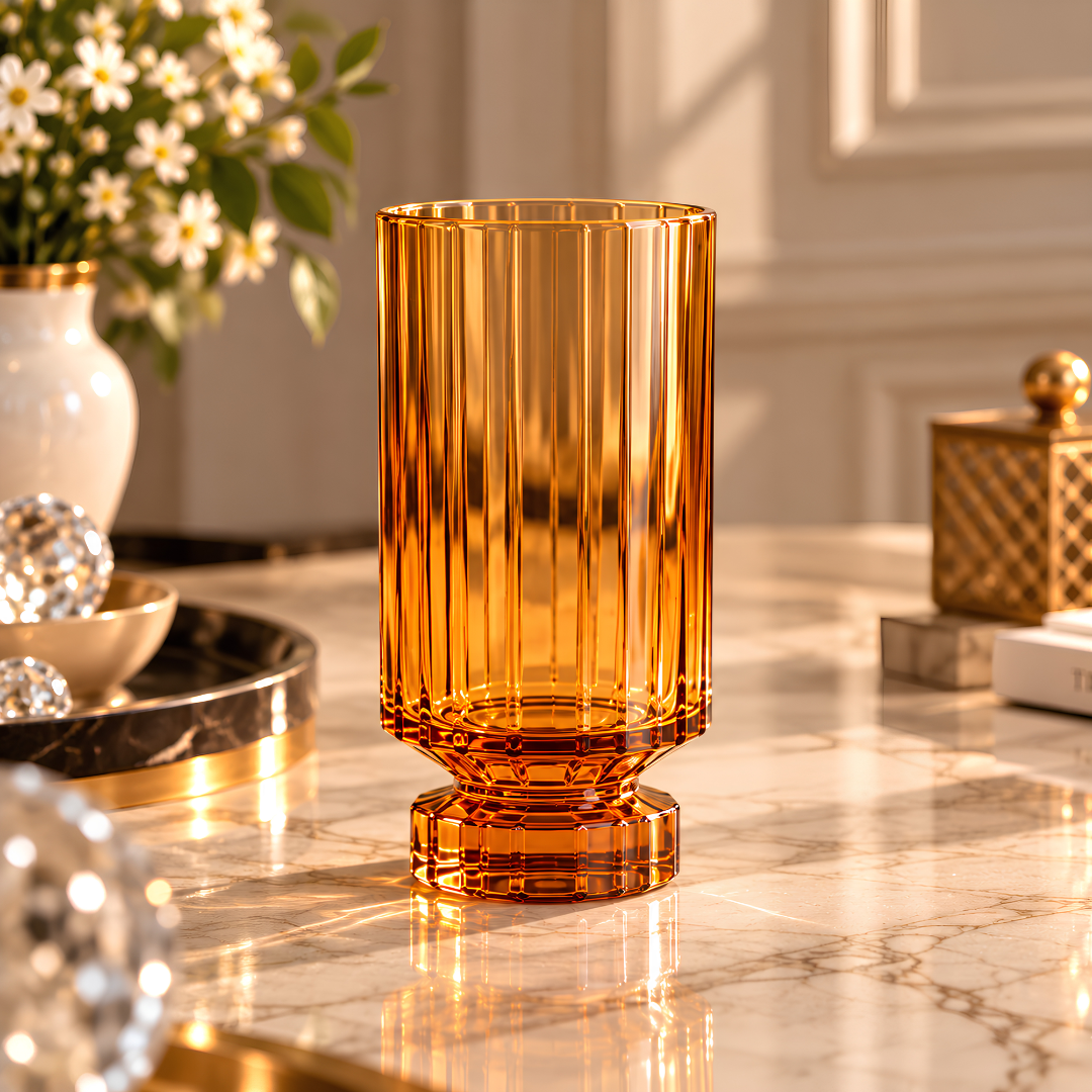 Close-up of the vertical ribbed design and golden amber finish of the Topaz tumbler