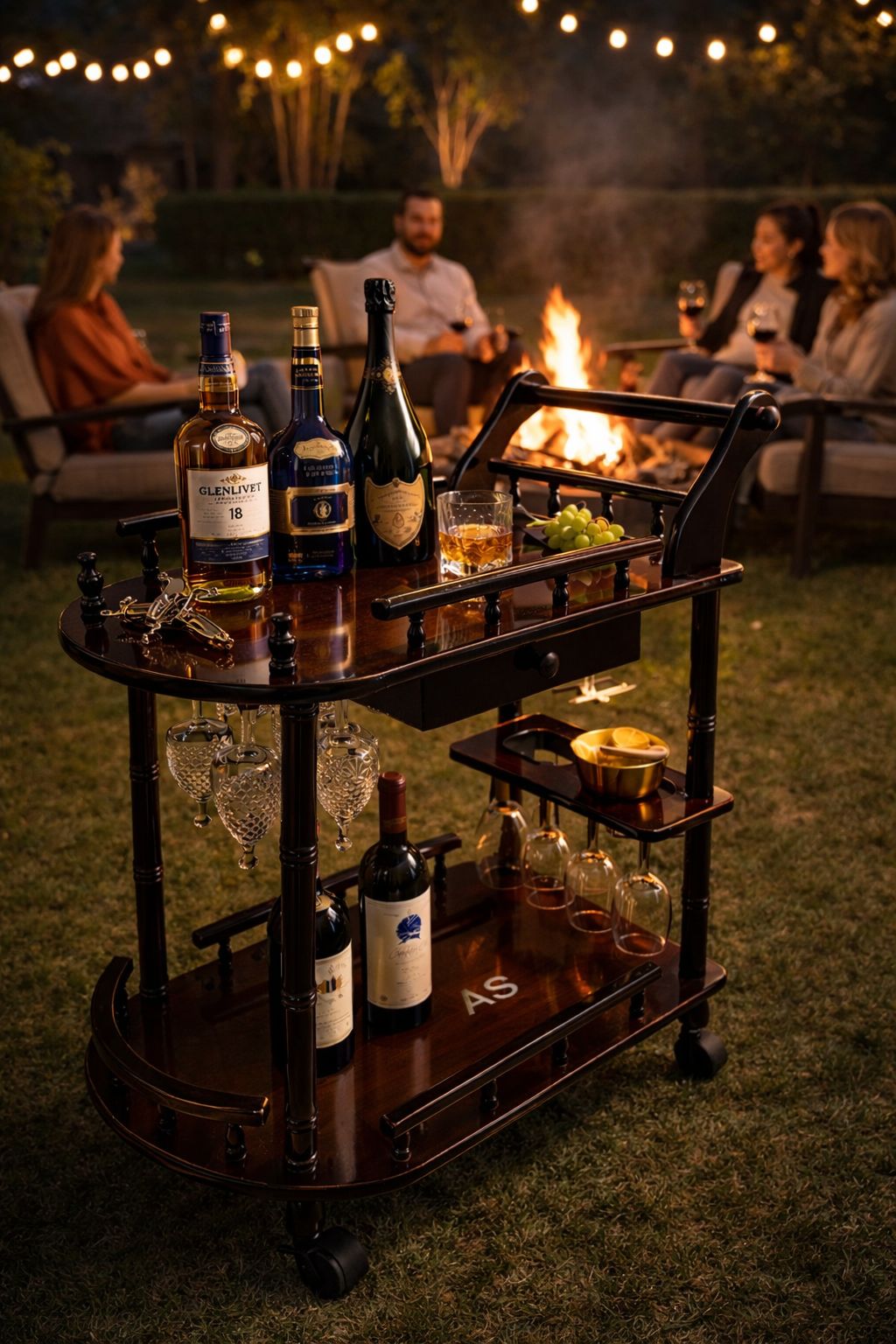 Close-up of wooden bar trolley bottle holder for secure wine and liquor storage