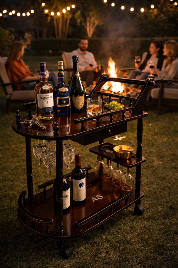 Close-up of wooden bar trolley bottle holder for secure wine and liquor storage