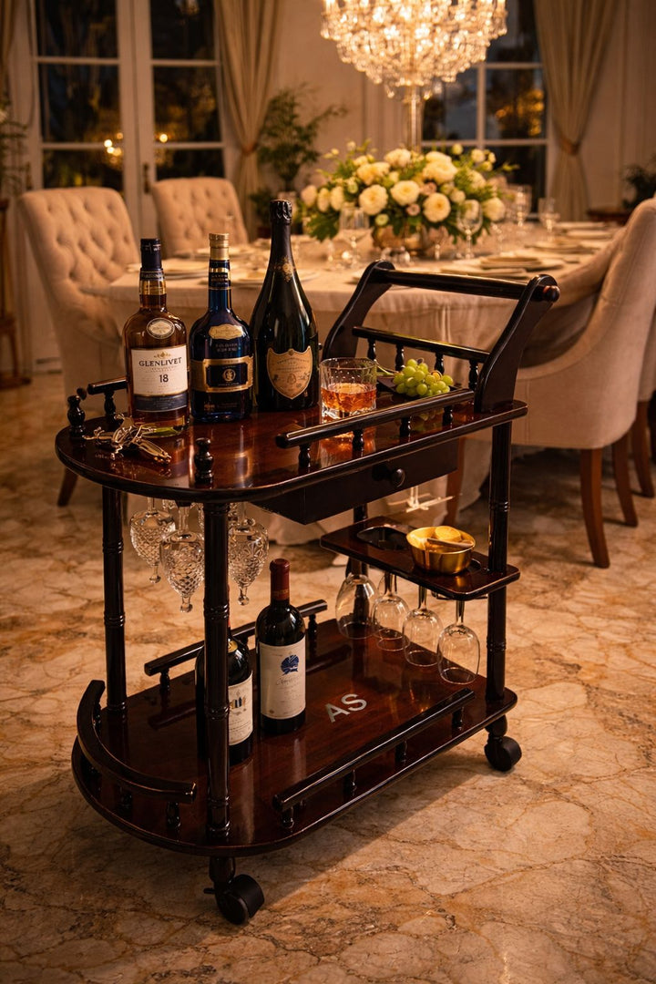 Elegant wooden bar trolley for home bar with bottle holder, two shelves, and smooth rolling wheels