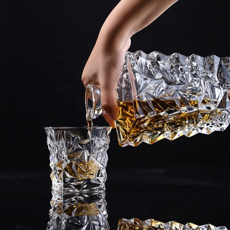 DIAMOND WHISKEY CRYSTAL DECANTER SET WITH 6 GLASSES